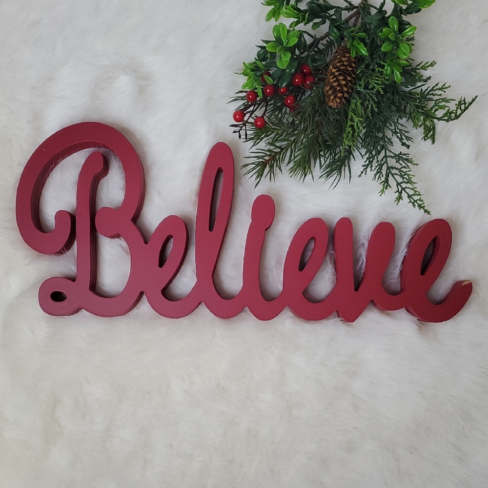 Believe Wooden Holiday Sign Home Decor Red